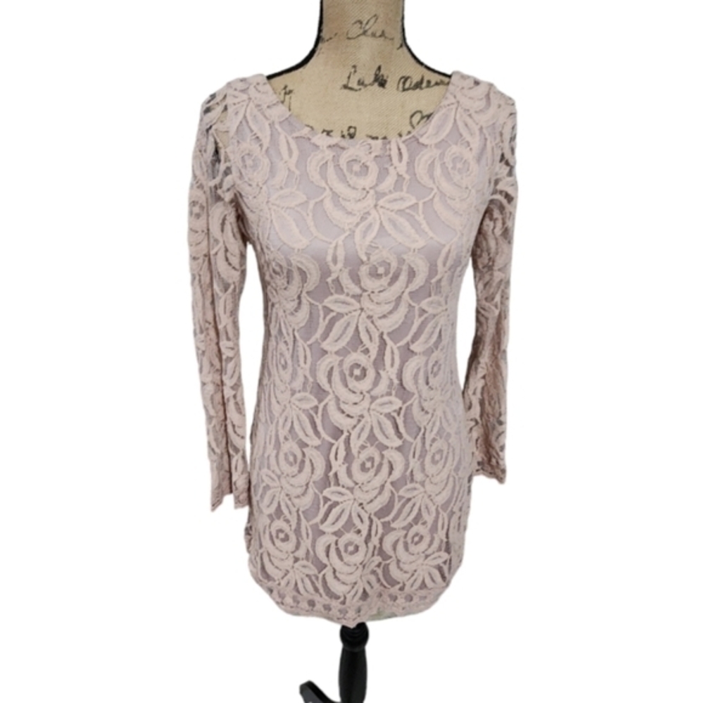 Gianni Bini Blush Pink Lace Long Sleeve Lace Bodycon Mini Party Dress Size XS